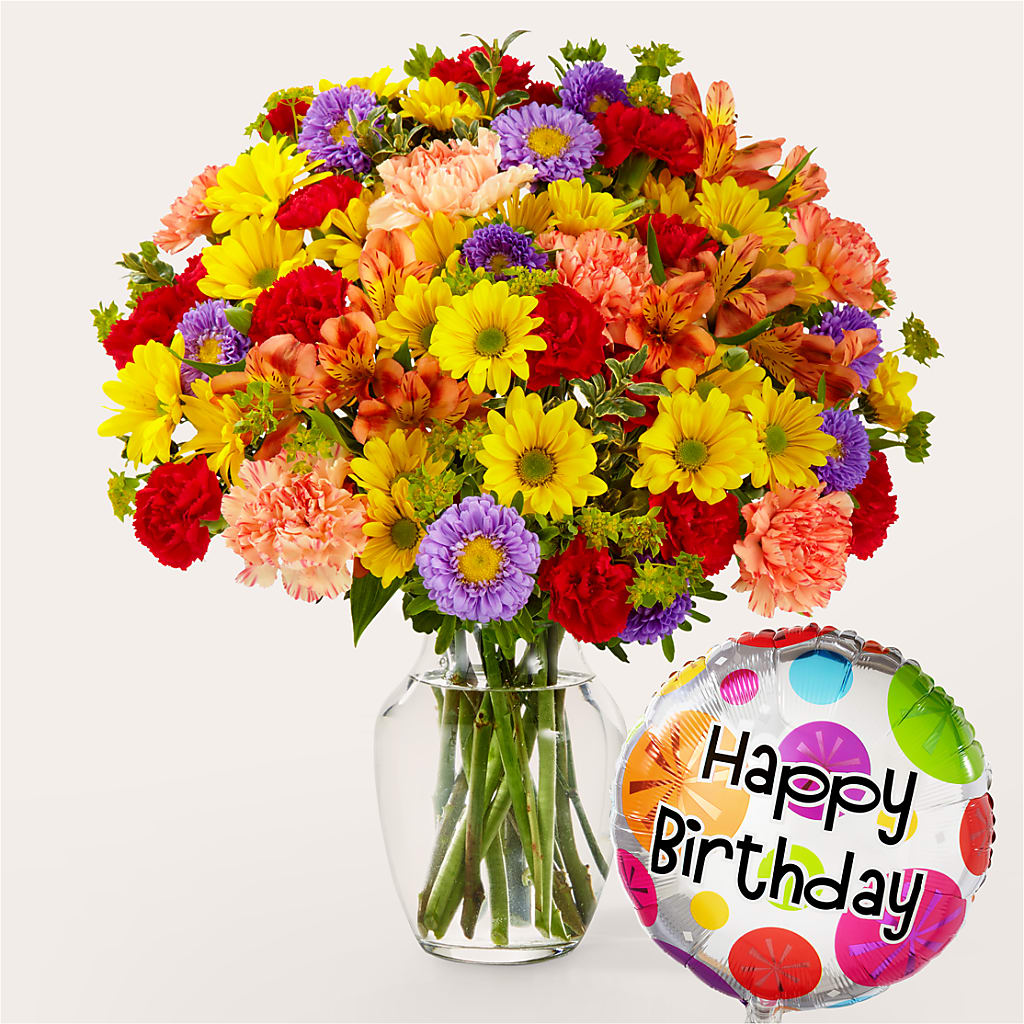 Kaleidoscope Bouquet with Birthday Balloon – Bloom Boutique Ny, Lake Grove NY