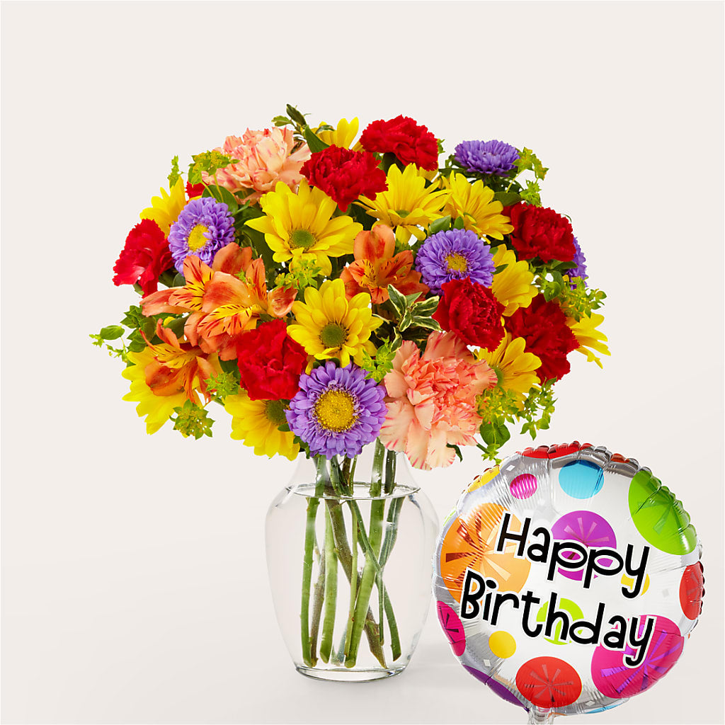 Kaleidoscope Bouquet with Birthday Balloon – Bloom Boutique Ny, Lake Grove NY